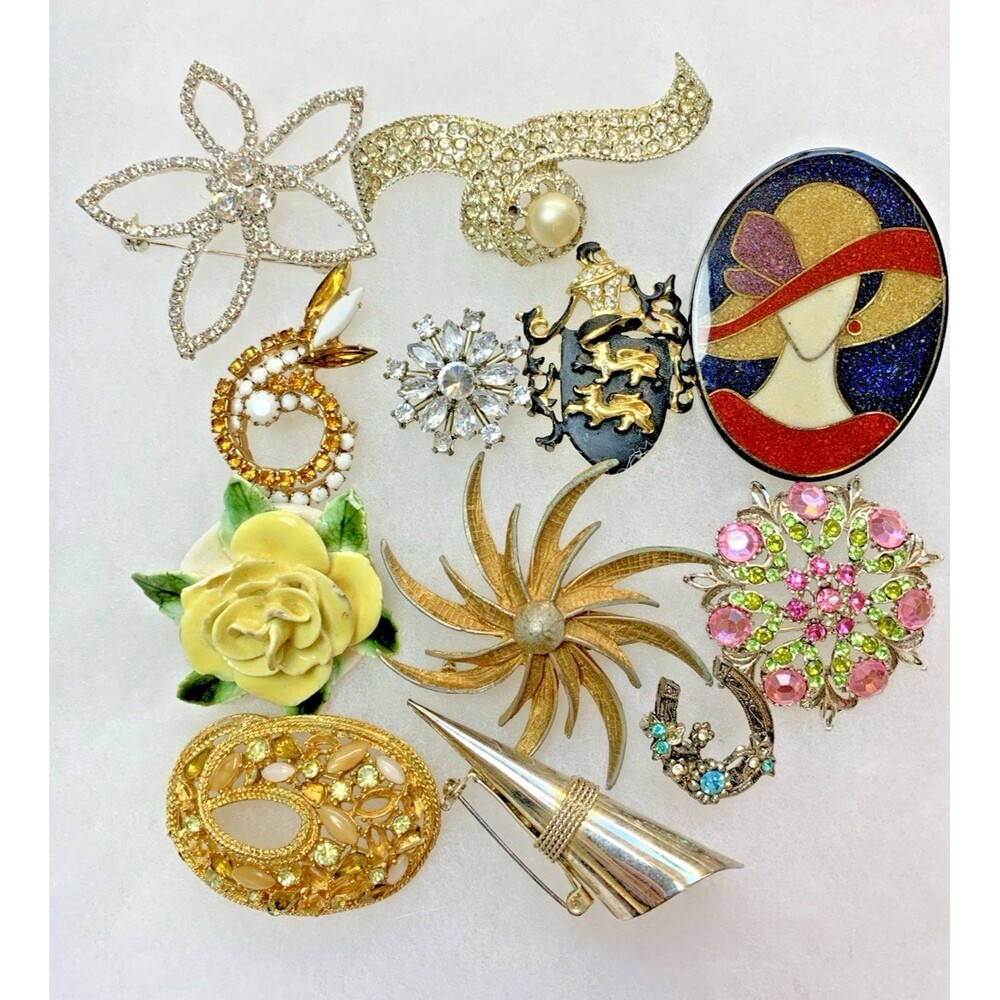 Vintage Brooch Lot 12pc Rhinestone Floral Starburst Enamel Art Deco Mix
